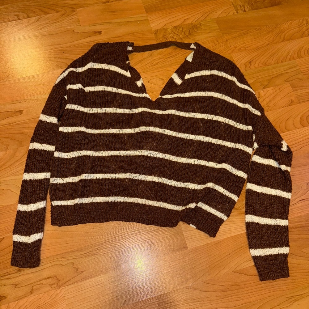 Francesca's Brown and Cream V-Neck Sweater, open back